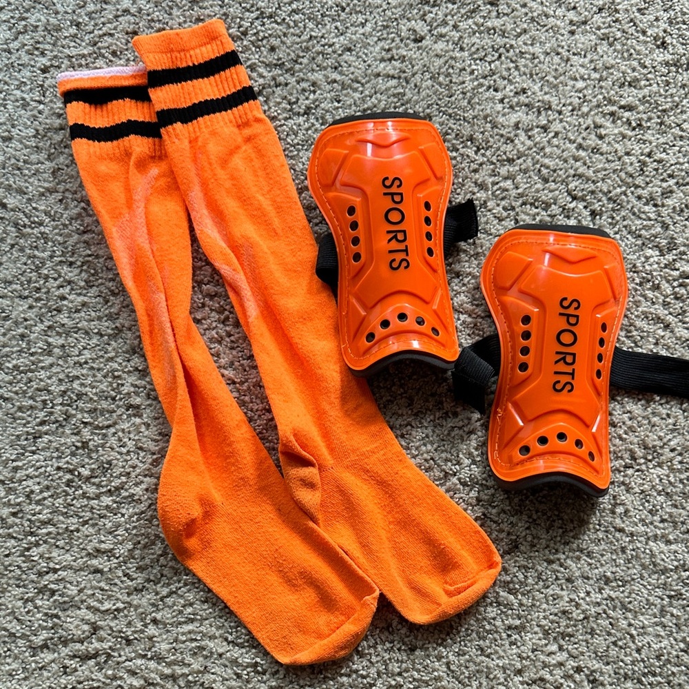 Kids Orange Soccer Shin Guards with Matching Over-the-Calf Socks